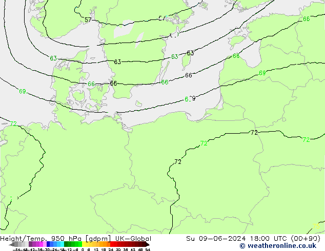 Height/Temp. 950 hPa UK-Global Su 09.06.2024 18 UTC