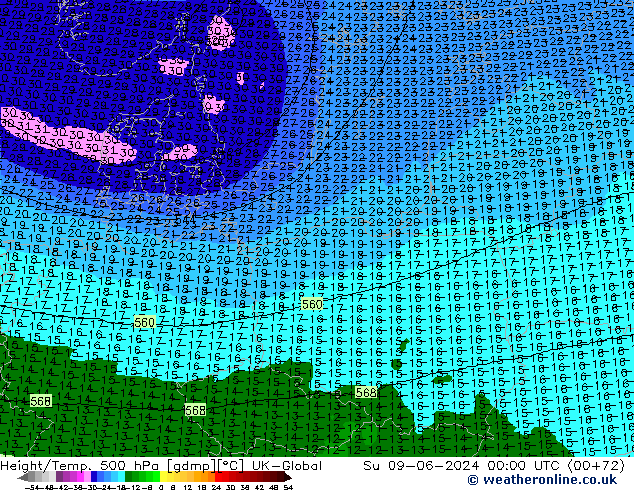 Height/Temp. 500 hPa UK-Global Su 09.06.2024 00 UTC