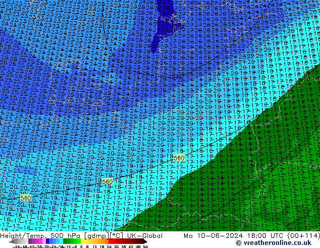 Geop./Temp. 500 hPa UK-Global lun 10.06.2024 18 UTC