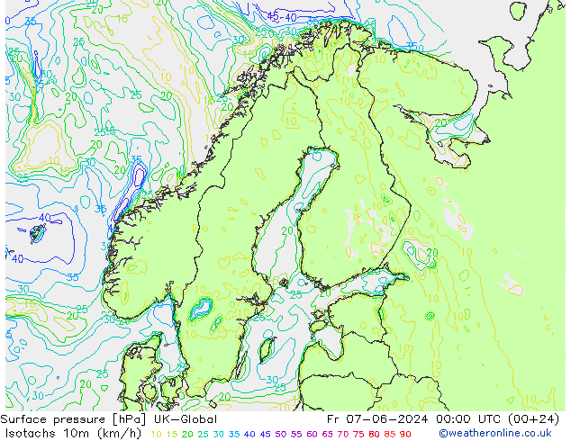 Isotachen (km/h) UK-Global Fr 07.06.2024 00 UTC