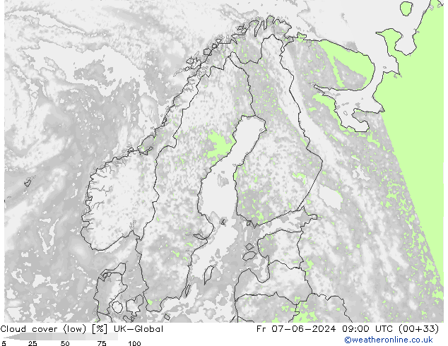 Cloud cover (low) UK-Global Fr 07.06.2024 09 UTC