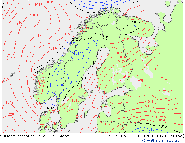 Surface pressure UK-Global Th 13.06.2024 00 UTC