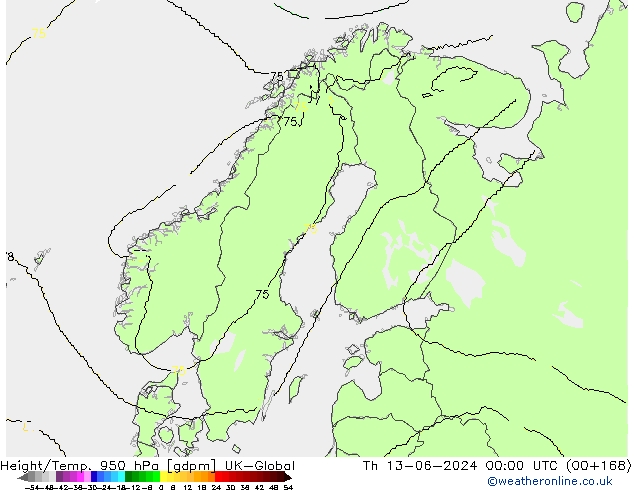 Height/Temp. 950 hPa UK-Global Qui 13.06.2024 00 UTC