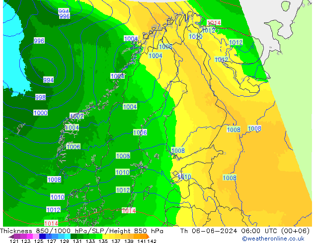 Thck 850-1000 hPa UK-Global 星期四 06.06.2024 06 UTC