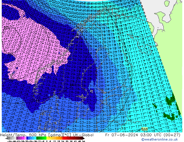 Height/Temp. 500 hPa UK-Global Fr 07.06.2024 03 UTC