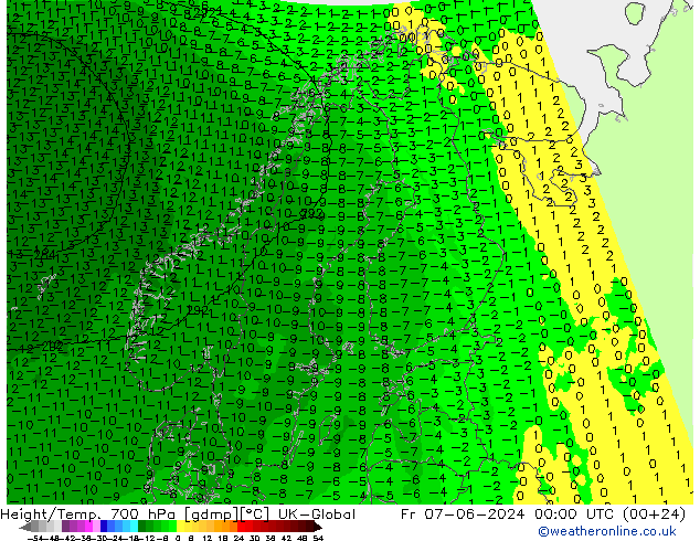 Height/Temp. 700 hPa UK-Global Fr 07.06.2024 00 UTC