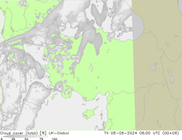 Cloud cover (total) UK-Global Čt 06.06.2024 06 UTC