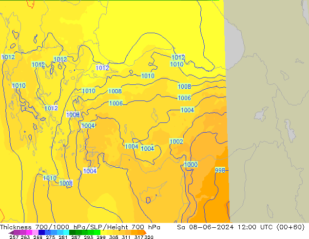 700-1000 hPa Kalınlığı UK-Global Cts 08.06.2024 12 UTC