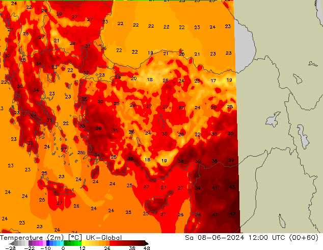 Sıcaklık Haritası (2m) UK-Global Cts 08.06.2024 12 UTC