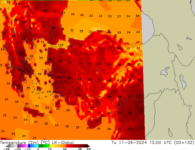 Temperature (2m) UK-Global Út 11.06.2024 12 UTC