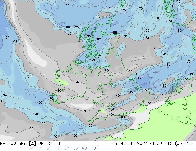 RH 700 гПа UK-Global чт 06.06.2024 06 UTC