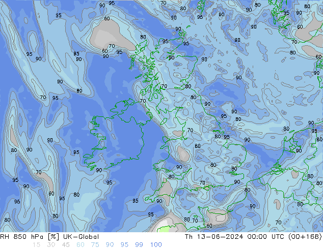 RH 850 hPa UK-Global czw. 13.06.2024 00 UTC