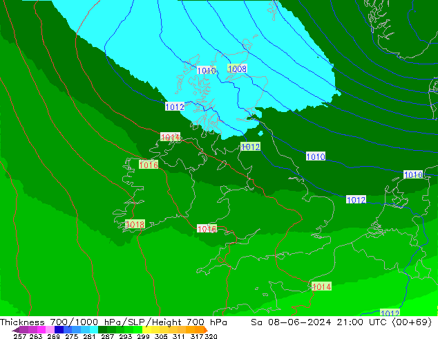 700-1000 hPa Kalınlığı UK-Global Cts 08.06.2024 21 UTC