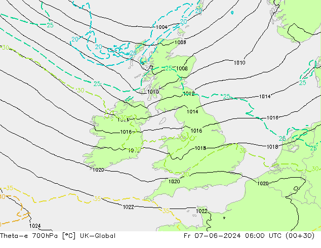 Theta-e 700hPa UK-Global Fr 07.06.2024 06 UTC