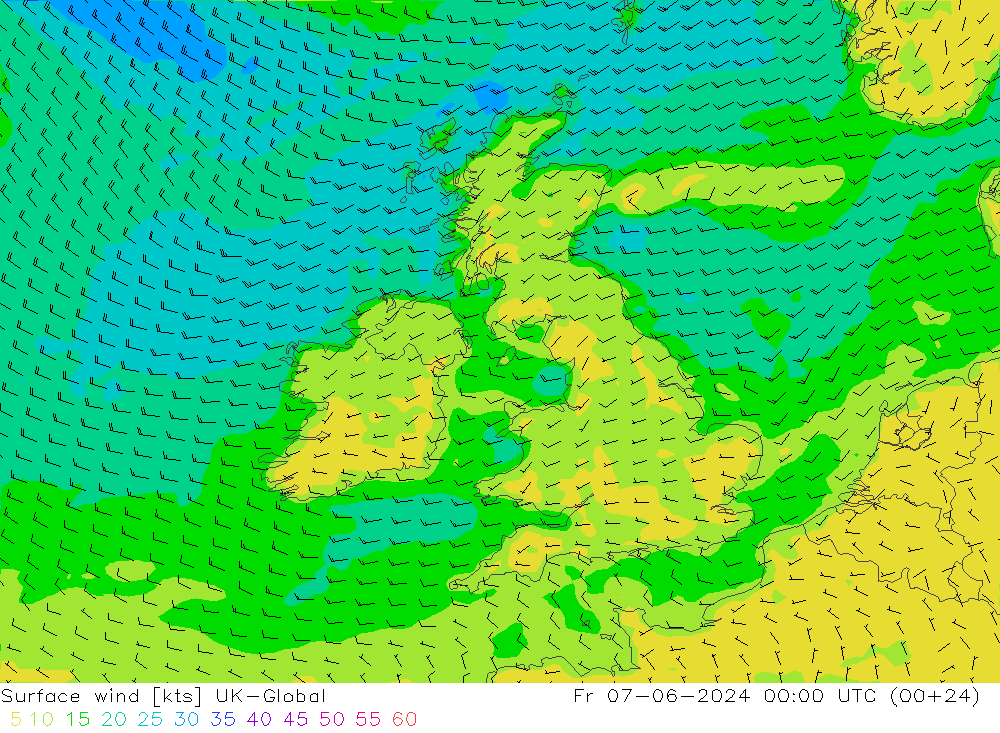 Viento 10 m UK-Global vie 07.06.2024 00 UTC