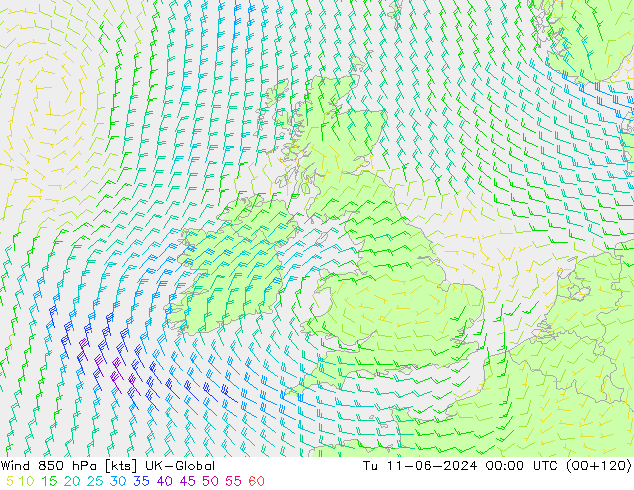 Wind 850 hPa UK-Global Tu 11.06.2024 00 UTC