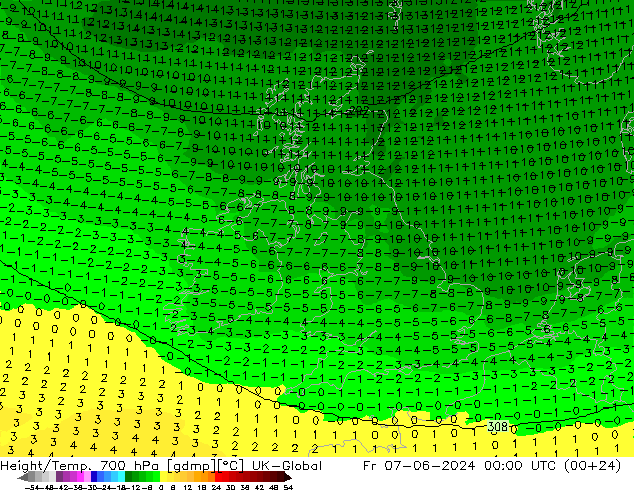 Height/Temp. 700 hPa UK-Global ven 07.06.2024 00 UTC