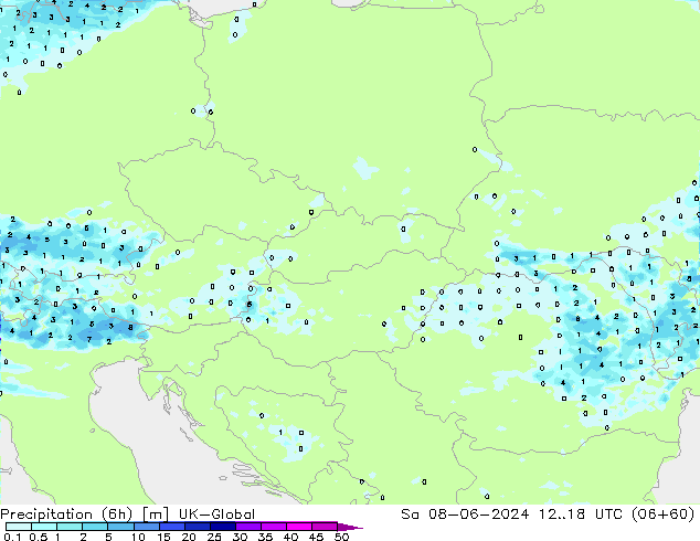 Precipitation (6h) UK-Global So 08.06.2024 18 UTC