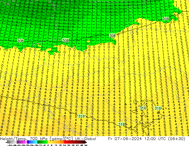 Height/Temp. 700 hPa UK-Global Fr 07.06.2024 12 UTC