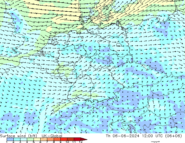 Bodenwind (bft) UK-Global Do 06.06.2024 12 UTC