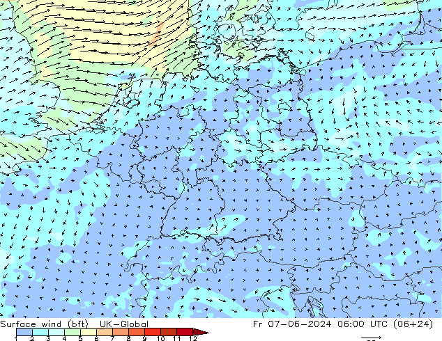 Vento 10 m (bft) UK-Global Sex 07.06.2024 06 UTC