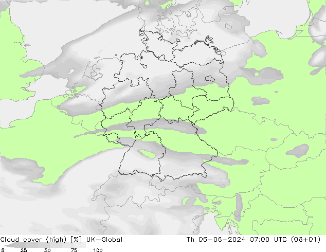 Cloud cover (high) UK-Global Th 06.06.2024 07 UTC