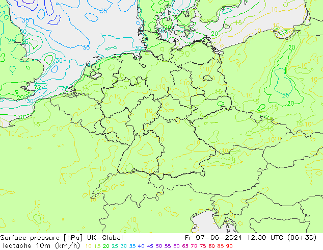 Isotachs (kph) UK-Global ven 07.06.2024 12 UTC