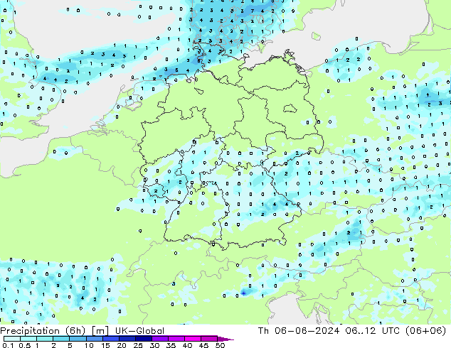 Précipitation (6h) UK-Global jeu 06.06.2024 12 UTC