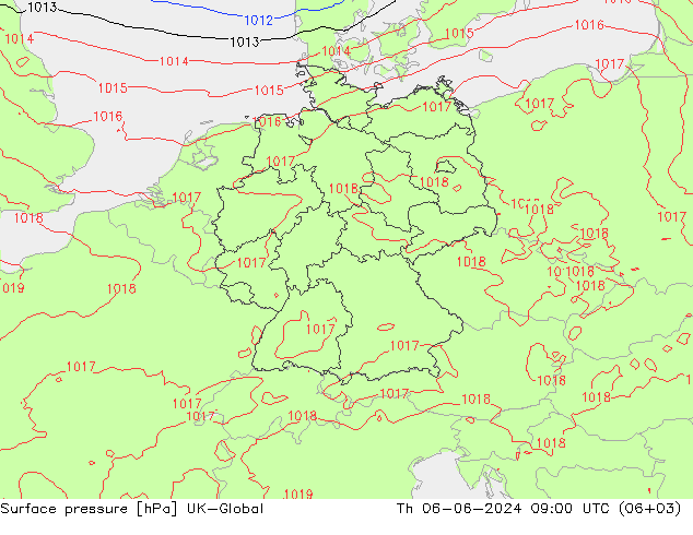 Atmosférický tlak UK-Global Čt 06.06.2024 09 UTC