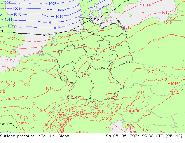 Atmosférický tlak UK-Global So 08.06.2024 00 UTC