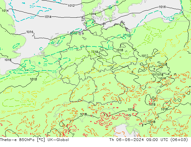 Theta-e 850hPa UK-Global Do 06.06.2024 09 UTC
