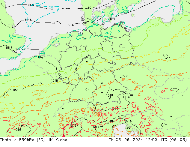 Theta-e 850hPa UK-Global Th 06.06.2024 12 UTC