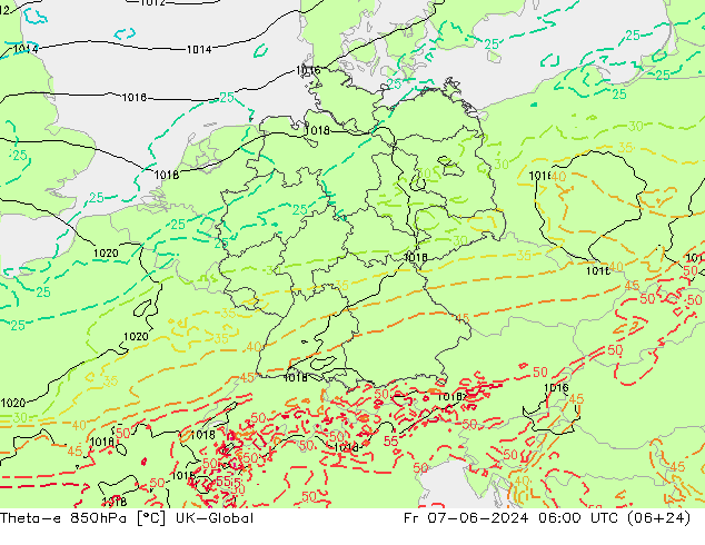 Theta-e 850hPa UK-Global pt. 07.06.2024 06 UTC