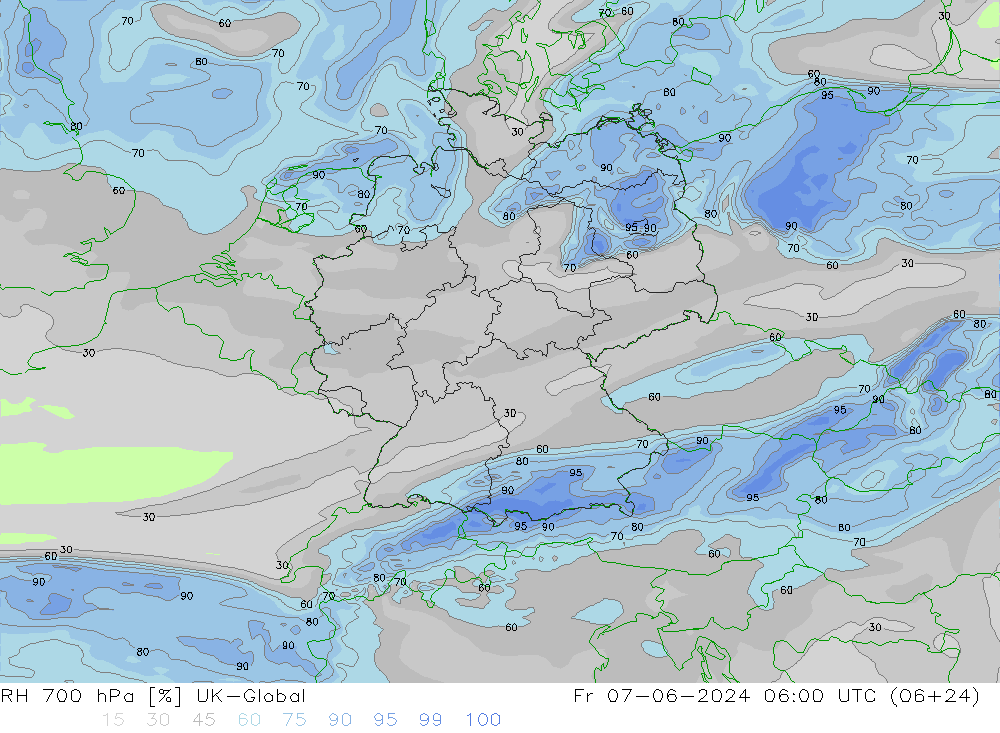 RH 700 hPa UK-Global 星期五 07.06.2024 06 UTC