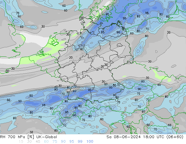 RH 700 hPa UK-Global Sáb 08.06.2024 18 UTC