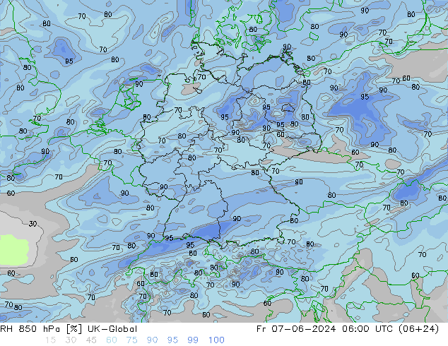 RH 850 гПа UK-Global пт 07.06.2024 06 UTC