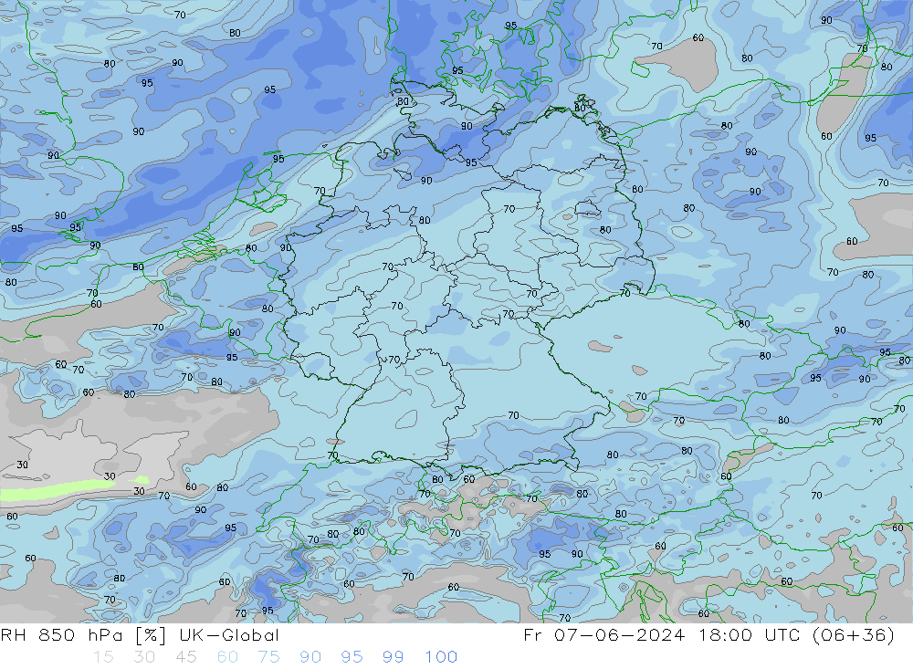 RH 850 гПа UK-Global пт 07.06.2024 18 UTC