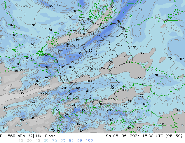 Humidité rel. 850 hPa UK-Global sam 08.06.2024 18 UTC