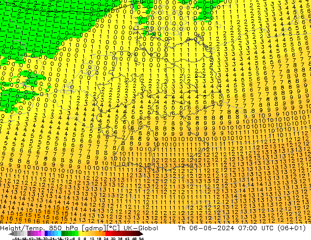 Height/Temp. 850 гПа UK-Global чт 06.06.2024 07 UTC