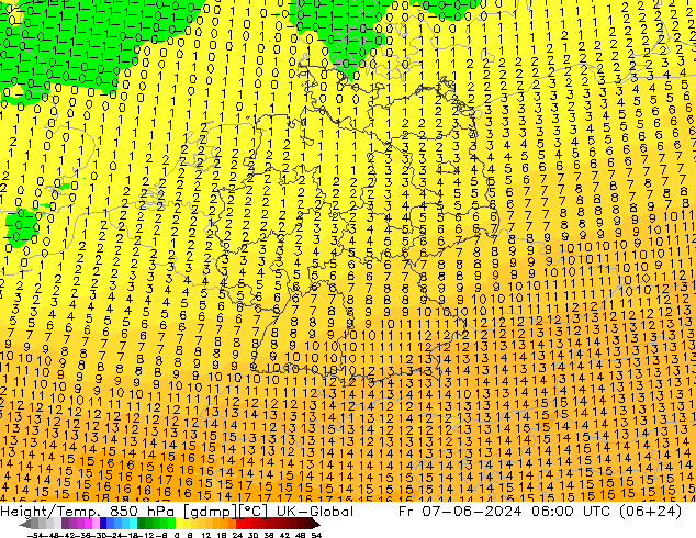 Height/Temp. 850 гПа UK-Global пт 07.06.2024 06 UTC