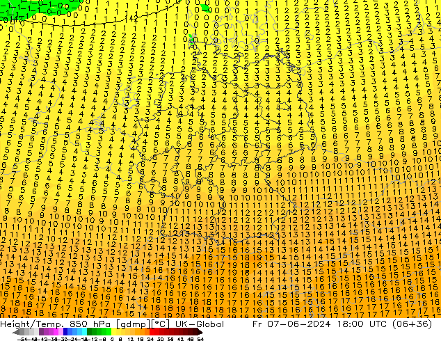 Height/Temp. 850 hPa UK-Global Fr 07.06.2024 18 UTC