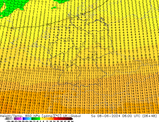 Height/Temp. 850 hPa UK-Global Sáb 08.06.2024 06 UTC