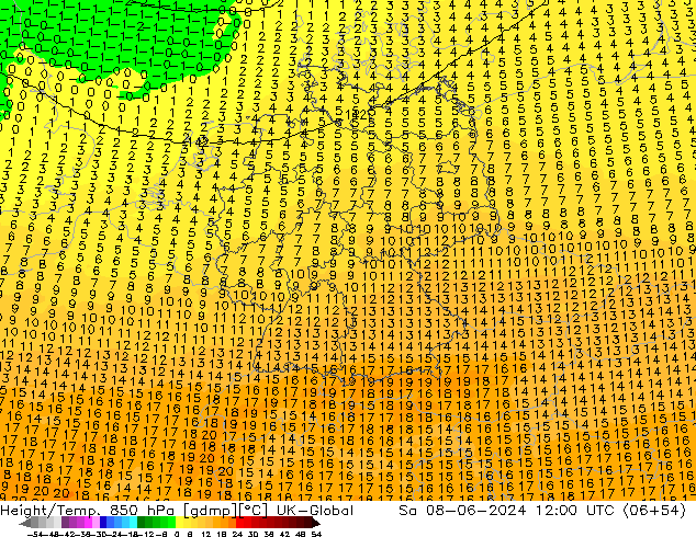 Height/Temp. 850 hPa UK-Global Sa 08.06.2024 12 UTC