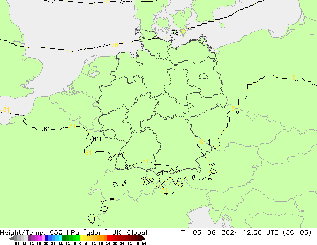 Height/Temp. 950 hPa UK-Global 星期四 06.06.2024 12 UTC