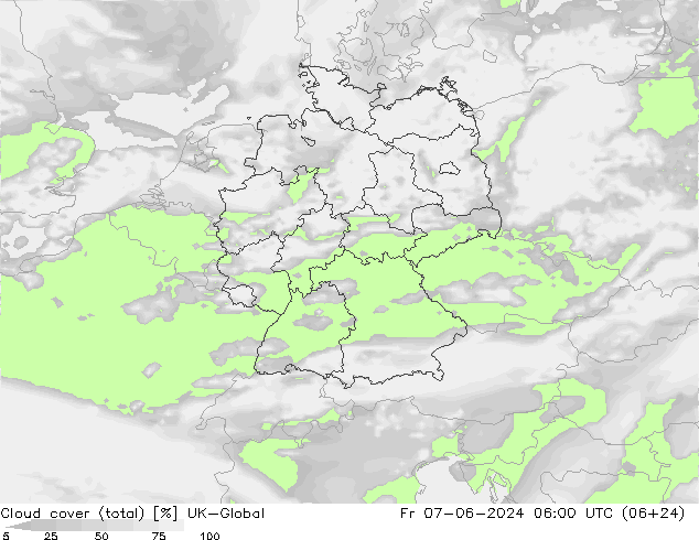 Cloud cover (total) UK-Global Fr 07.06.2024 06 UTC