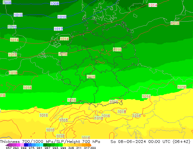 Thck 700-1000 hPa UK-Global sab 08.06.2024 00 UTC