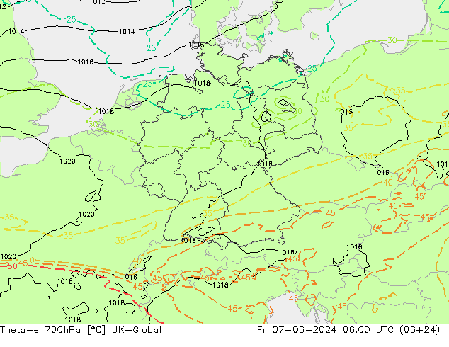 Theta-e 700hPa UK-Global Fr 07.06.2024 06 UTC