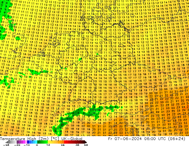 Temperature High (2m) UK-Global 星期五 07.06.2024 06 UTC