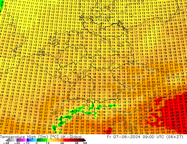 Temp. massima (2m) UK-Global ven 07.06.2024 09 UTC