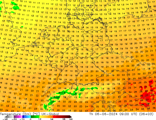 Temperatura (2m) UK-Global jue 06.06.2024 09 UTC